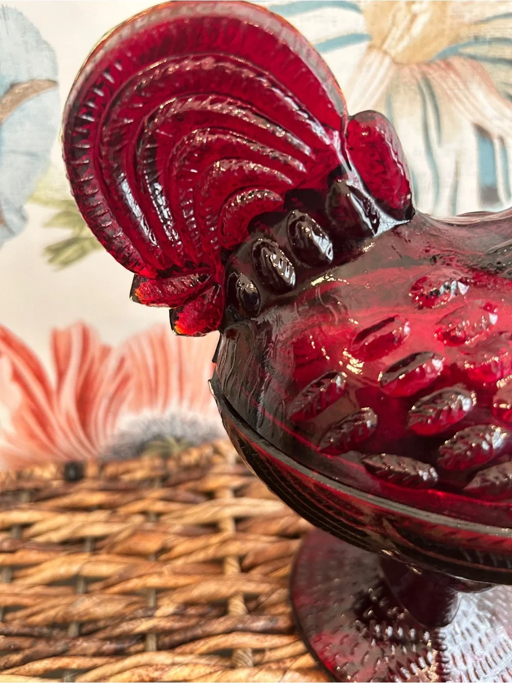 Ruby Red Glass Rooster Covered Dish Farmhouse Kitchen Decor Candy Trinket Box